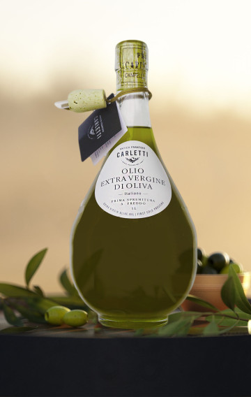 Carletti Natives Olivenöl Extra - 1 Liter Flachmann Flasche mit Tropfenfänger - Erste Kaltpressung